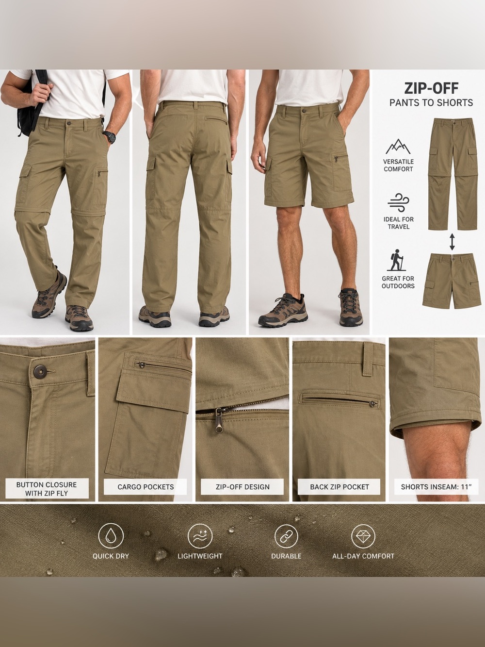 Men’s Convertible Zip-Off Cargo Hiking Pants Shorts Khaki W30 L32 M